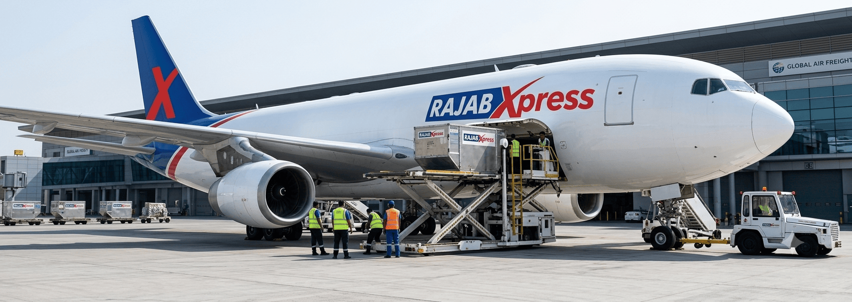 RajabXpress freighter aircraft being loaded with ULD cargo
