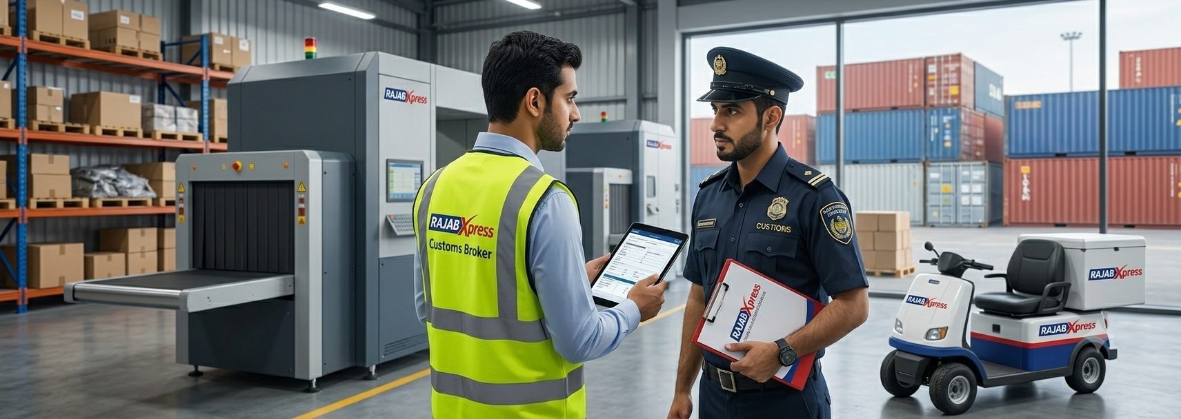 RajabXpress customs broker clearing cargo with a customs officer