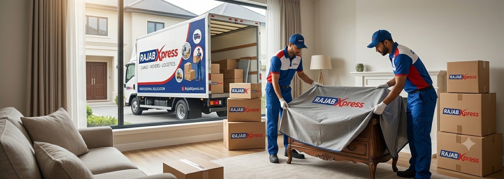 RajabXpress movers wrapping furniture during a professional home relocation