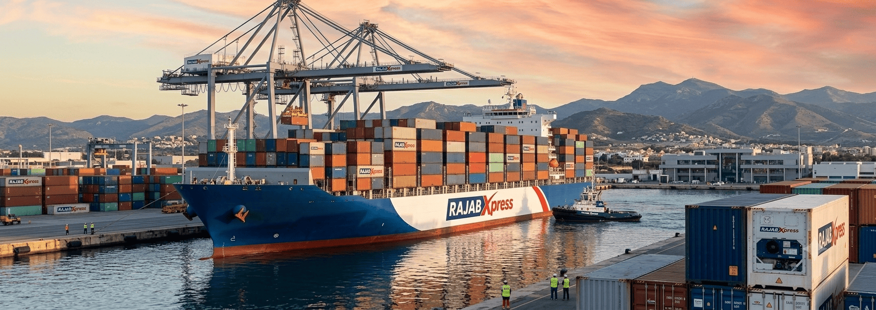 RajabXpress branded container ship loaded at port at sunset