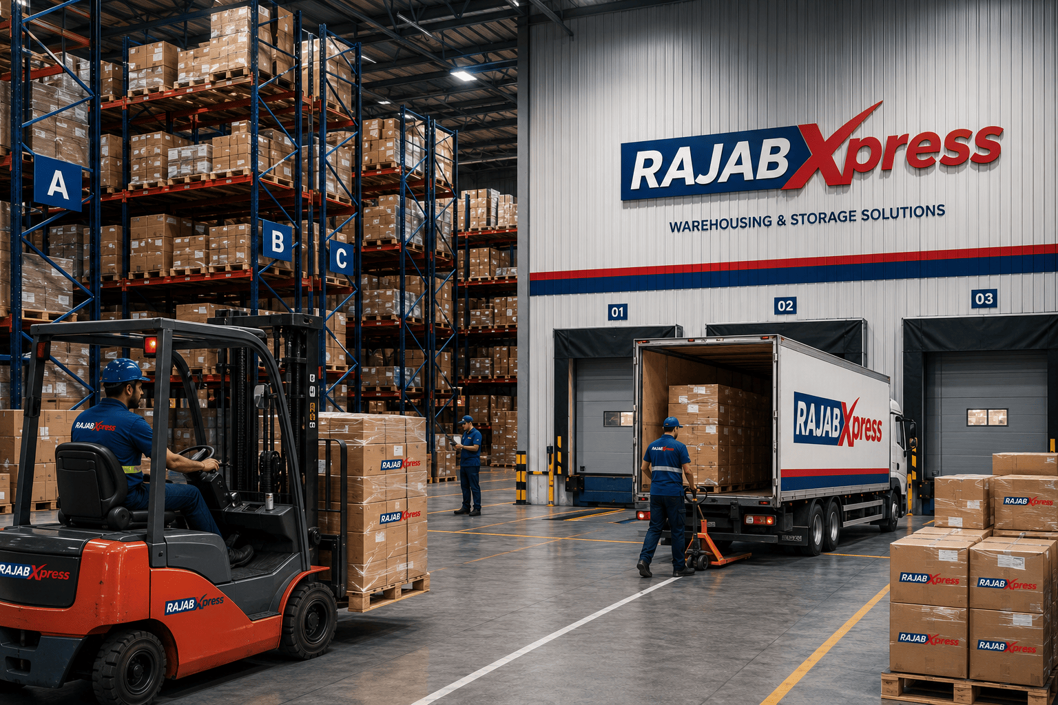 RajabXpress warehouse in the UAE — racked pallet storage, forklift handling and dock loading