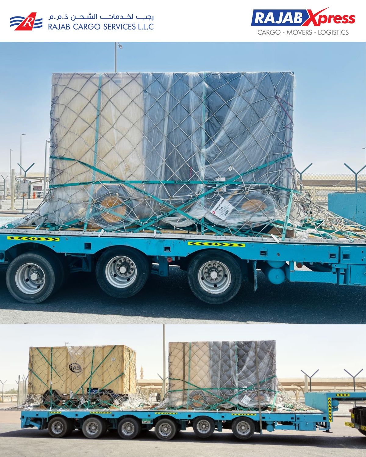 Netted oversized air cargo secured on RajabXpress extendable trailers